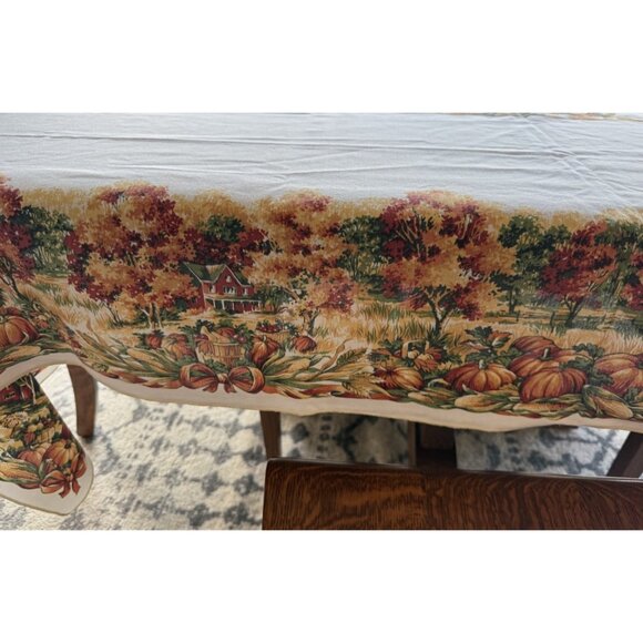 Autumn Fall Thanksgiving Cloth Tablecloth & 8 Napkins 59X84 Autumn Theme Vtg - Picture 3 of 8